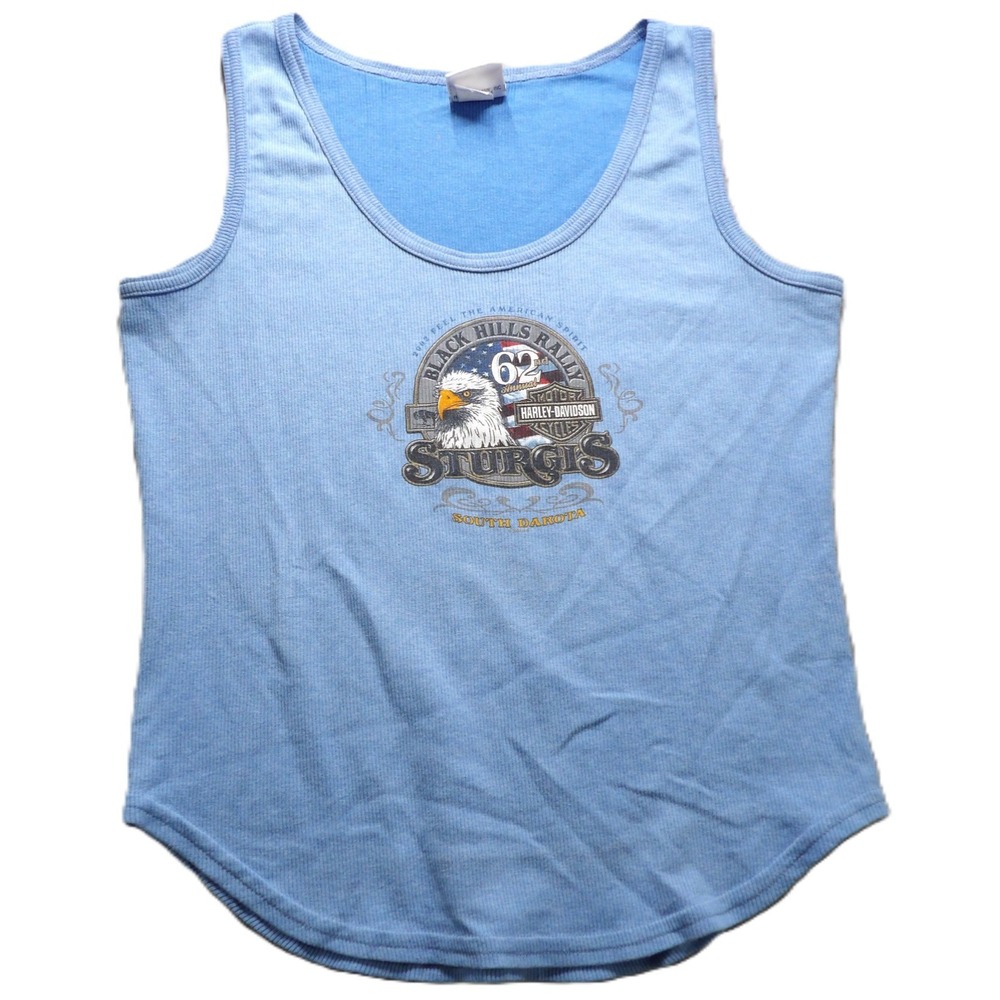 VTG Y2K Harley Davidson Tank Top Women L Blue Sturgis Rally Eagle Ribbed USA Tee